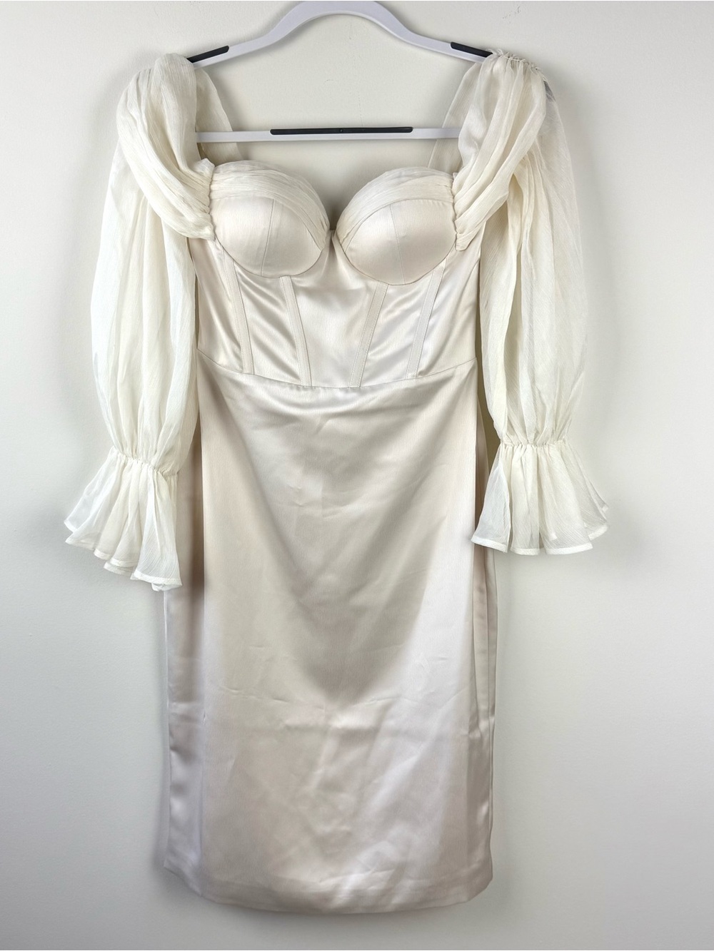 Miss Circle Lydia Pearl White Satin Off The Shoulder Puff Sleeve Dress Bride